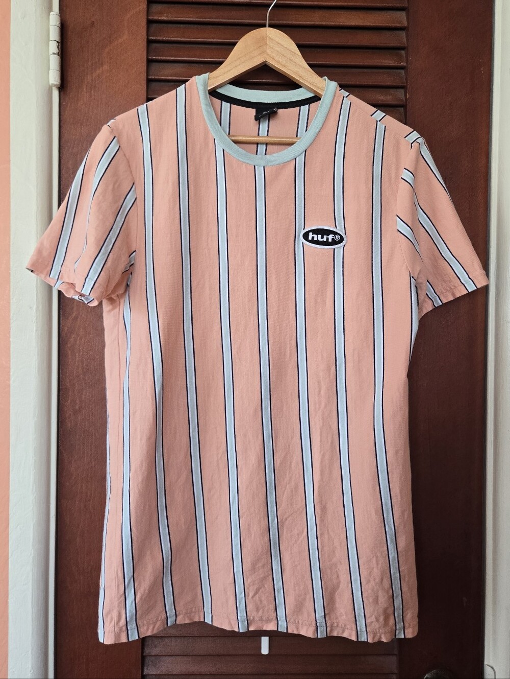 HUF Jerome Yarn Dye Stripe Knit Top Coral Salmon Pink T-Shirt Size M